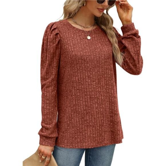 Women's Lightweight Crewneck Sweaters – Puff Sleeve Tunic Tops - Picture 3 of 5